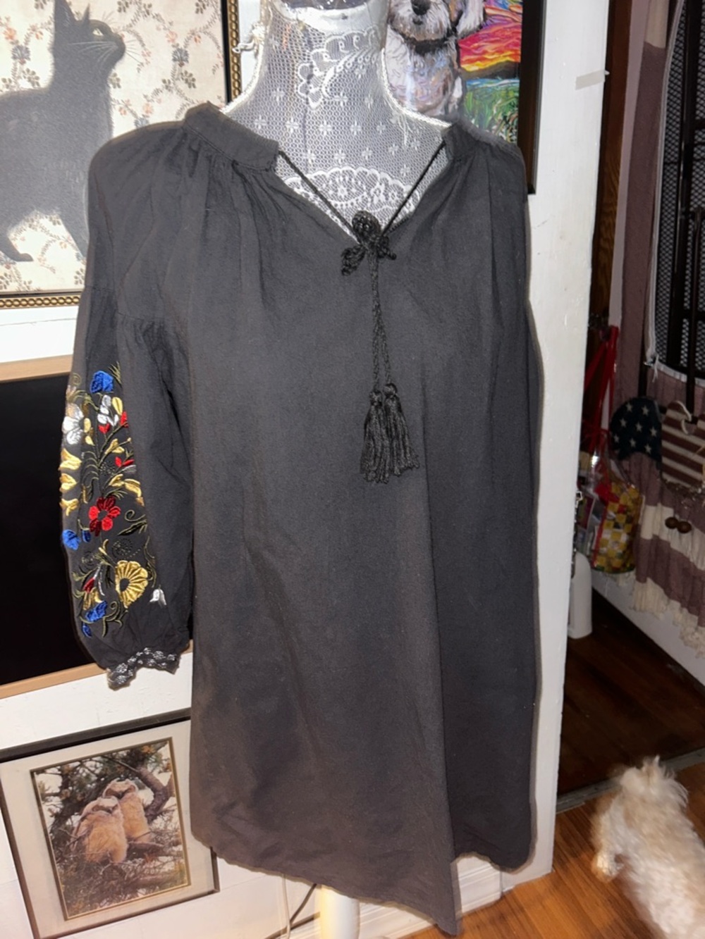 Velzera Black Peasant Tunic with Multicolor Floral Sleeve Embroidery